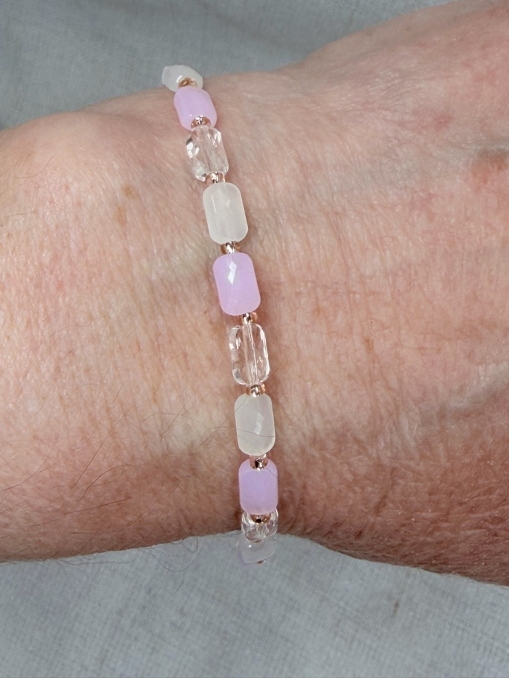 Dainty beaded Bracelet.Soft pink,white,clear faceted rectangle glass beads. 7.5”